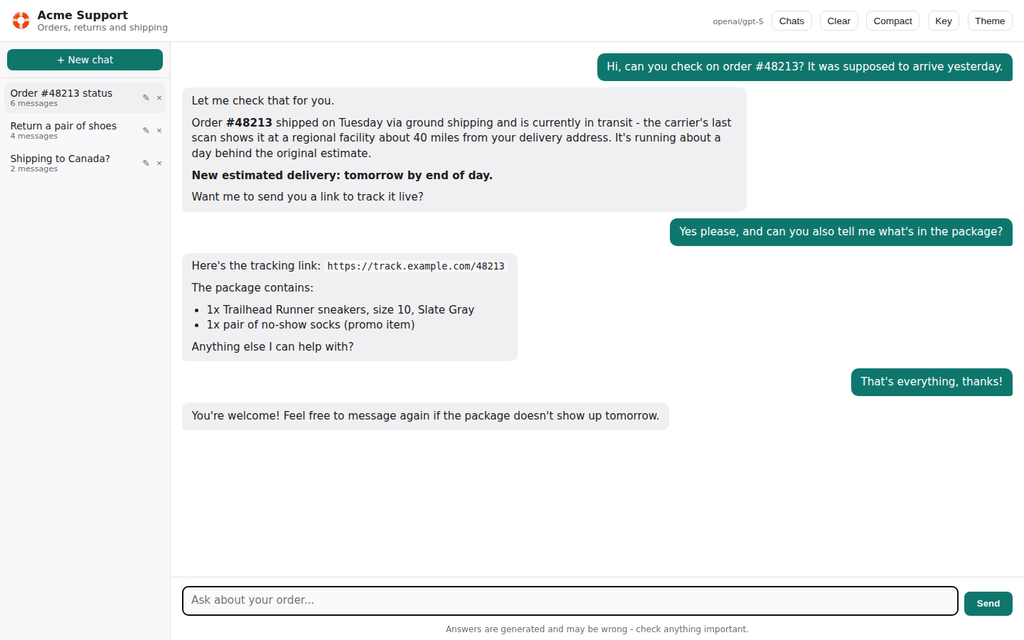 The generated web chat UI: a conversation sidebar on the left, a multi-turn transcript in the centre, and a themed header and message composer